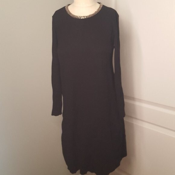 Zara Knit Black Sweater Dress with Beaded Neck - Picture 4 of 7